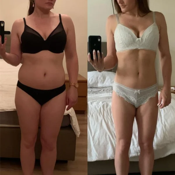 Voor- en nafoto van Sarah, 36: 1 jaar, van 73,5 naar 62,5 kg