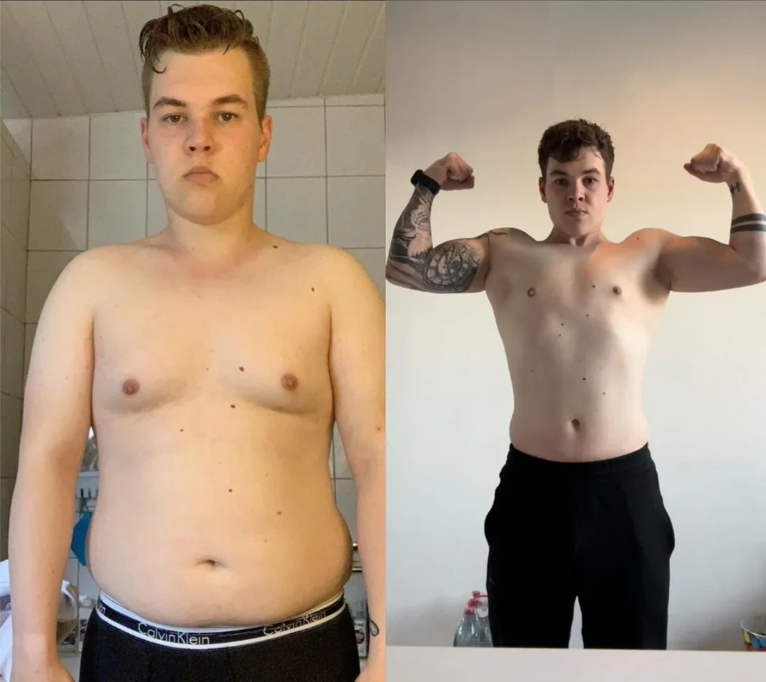 Voor- en nafoto van Lennert: Van 75,5 naar 65,9 kg, en sterker geworden
