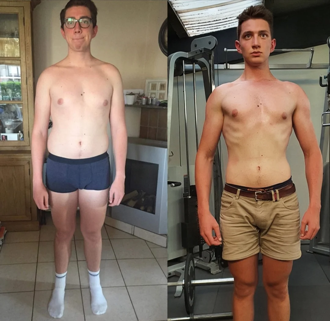 Voor- en nafoto van Yarne: 16 weken, van 91 naar 73,3 kg